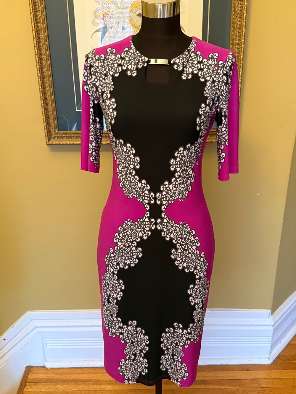 Joseph Ribkoff Fuchsia and Black Ornate Sheath Dress